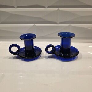 Vintage Hand Blown Cobalt Blue Art‎ Glass Finger Loop Handle Candlestick Holder